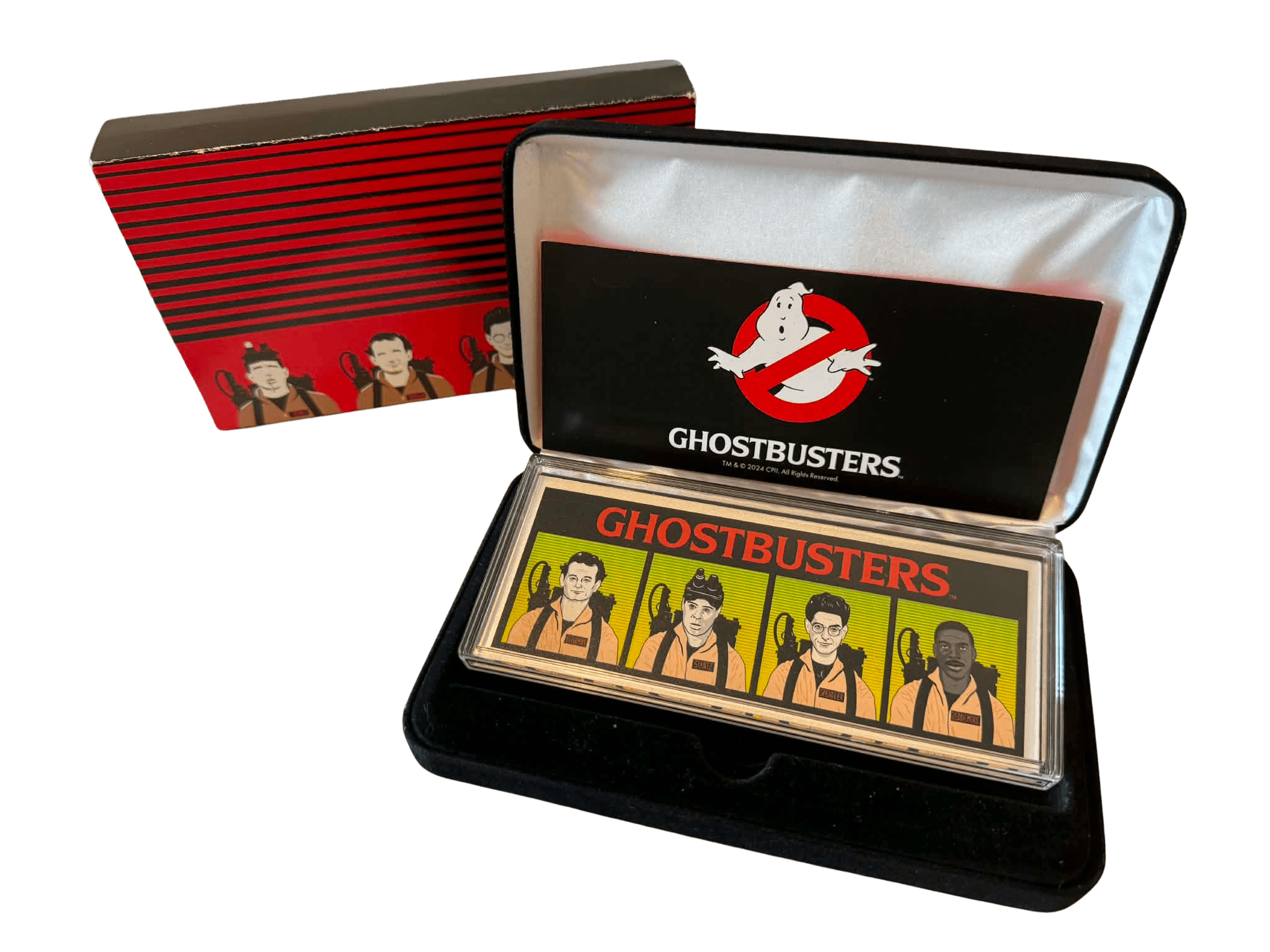 A 4 oz colourized Ghostbusters .999 silver bar in its display case, beside its red box.